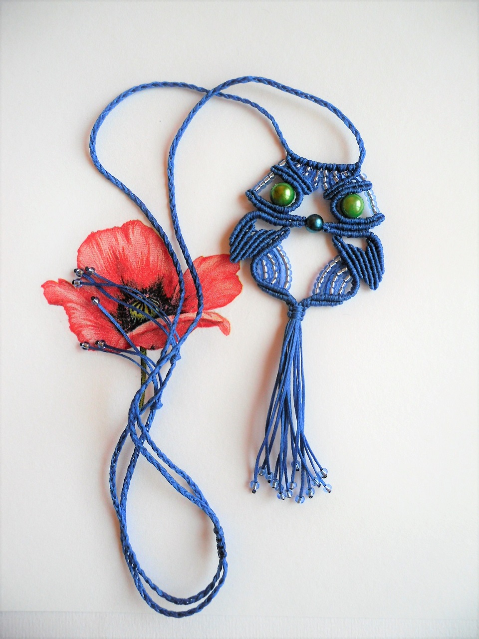 macrame necklace blue owl
